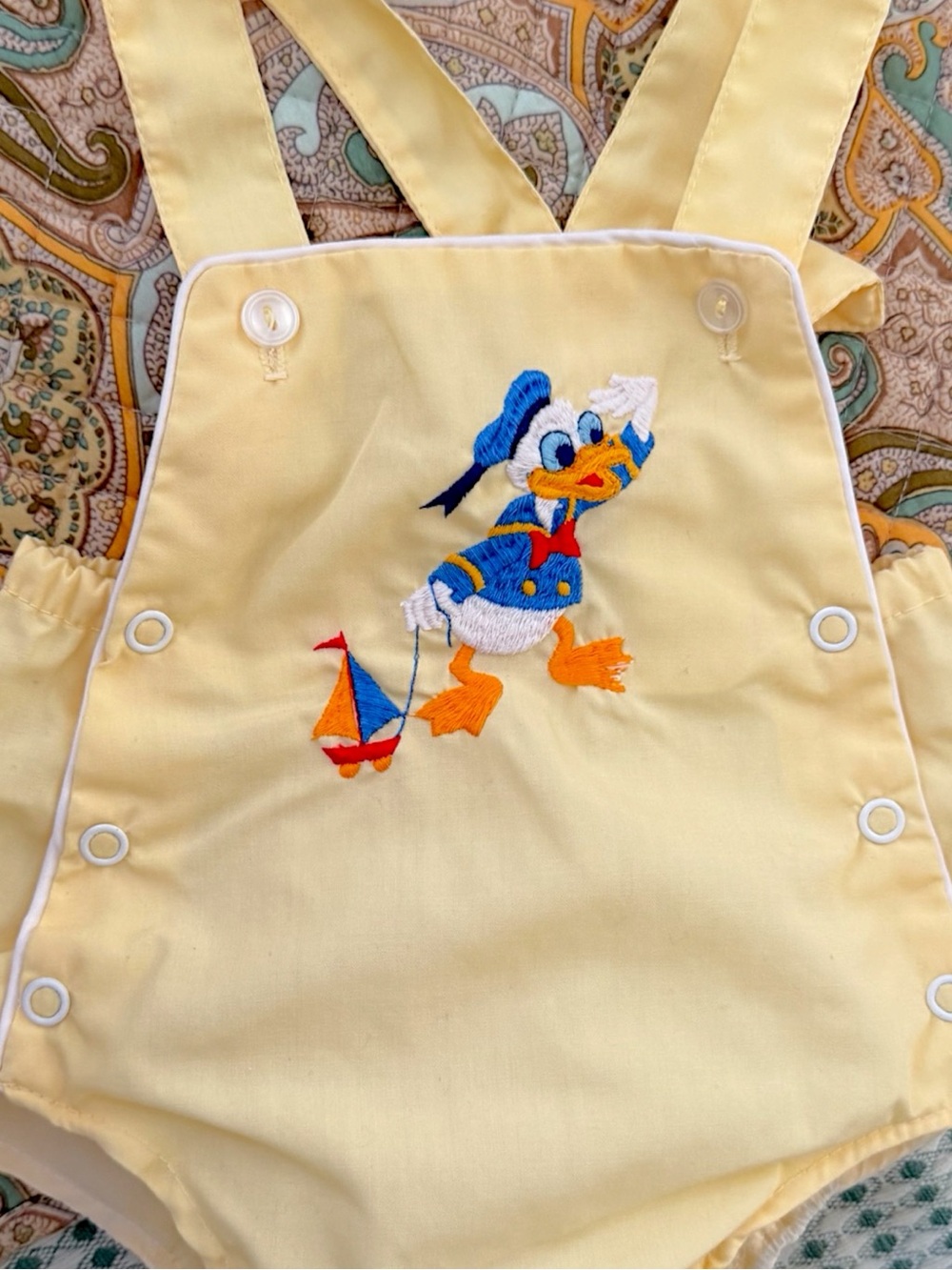 New Vintage Donald Duck Embroidered Baby Romper Soft Yellow